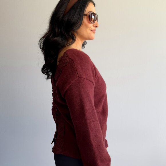 Women’s 3-Way Lace-Trim Convertible Sweater Cardigan – Burgundy - Picture 3 of 13